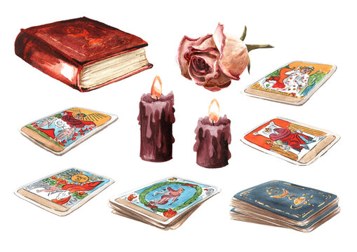 Tarot reader or fortune teller,  tarot cards, book and candles set. Hand drawn watercolor illustration,  isolated on white background