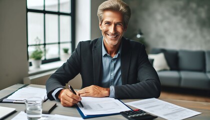 Fototapeta premium Portrait of an old businessman working with documents and an invoice while seated at a desk in the office and grinning at the camera
