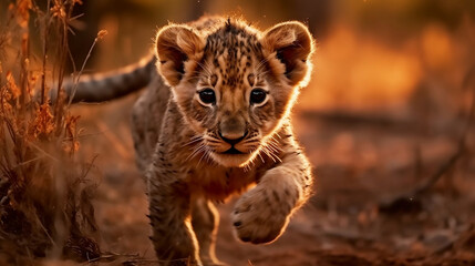 可愛い動物 野生のライオンの赤ちゃんがサバンナを歩く - obrazy, fototapety, plakaty
