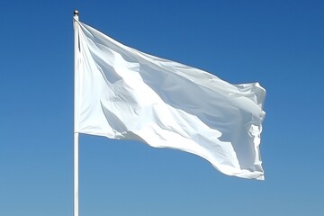 Pristine White Flag Fluttering Against a Clear Blue Sky – Symbolic for Peace and Surrender - obrazy, fototapety, plakaty