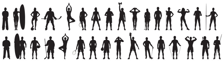 Silhouette of various sportsperson. Men and women athletes of various sports category. 