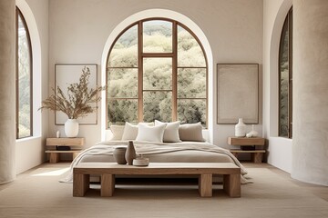 Arch Window Elegance: Organic Minimalist Bedroom Ideas with Slab Coffee Tables