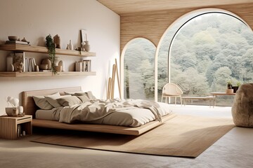 Arch Windows and Slab Coffee Tables: Organic Minimalist Bedroom Ideas for Homes