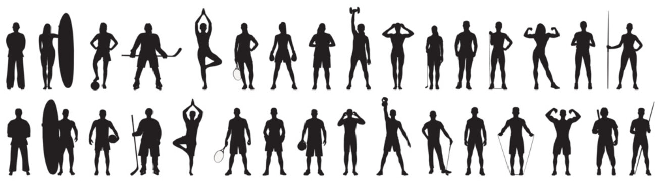 Silhouette of various sportsperson. Men and women athletes of various sports category. 