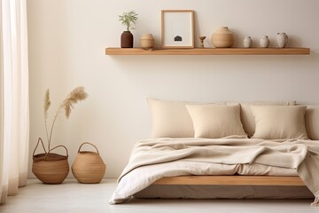 Fototapeta na wymiar Organic Minimalist Bedroom Ideas: Wall-Mounted Wooden Shelves & Organic Cotton Bedding Inspiration