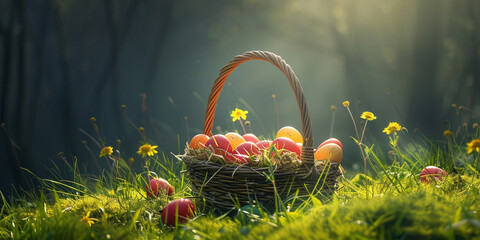 Colorful Easter eggs in a basket on a wide green meadow .