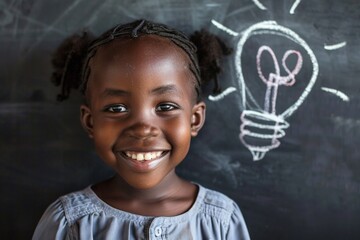 Child smiling, background with blackboard with drawing of a light bulb, concept of idea, creativity...