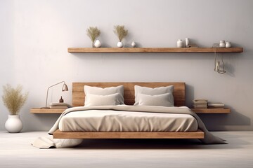 Organic Minimalist Bedroom Ideas: Wall-Mounted Wooden Shelves & Organic Cotton Bedding Bliss