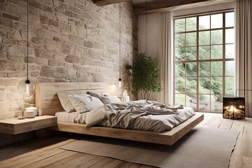 Organic Minimalist Bedroom Ideas: Rustic Touch with Wooden Beams and Stone Wall Harmony