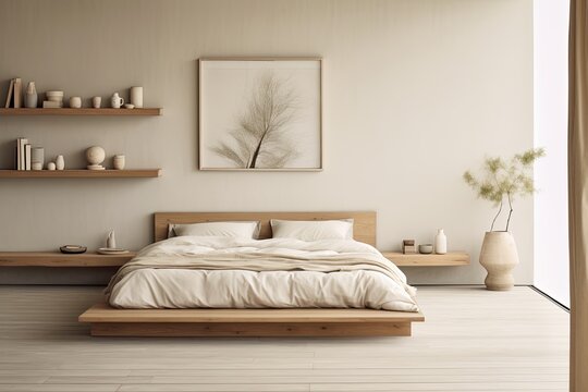 Organic Minimalist Bedroom Ideas: Wall-Mounted Wooden Shelves and Organic Cotton Bedding Inspiration