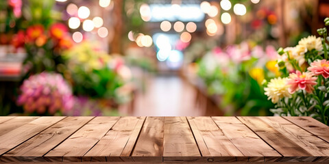 Empty wooden table in front of blurred flowers shop  background for product display in a coffee shop, local market or bar - obrazy, fototapety, plakaty