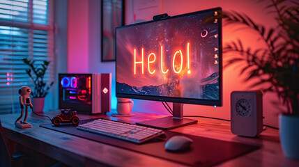 computer /gaming pc in a home office. Displaying the word "Helo!"