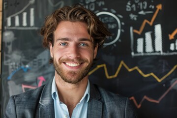 Businessman smiling, background with blackboard with graph design, business concept, financial education.
