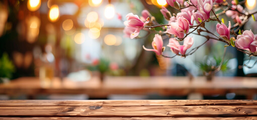Empty wooden table in front spring magnolia flowers blurred background banner for product display in a coffee shop, local market or bar - obrazy, fototapety, plakaty