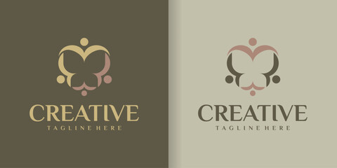 collection of abstract butterflies and people group. minimalist line art monogram shape logo.business community, Beauty, luxury spa style.