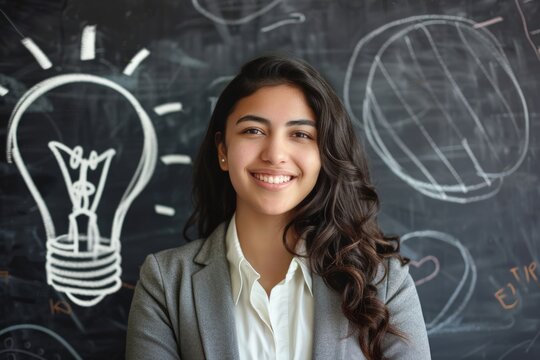 Businesswoman smiling, background with blackboard with drawing of a light bulb, concept of business, idea and innovation.