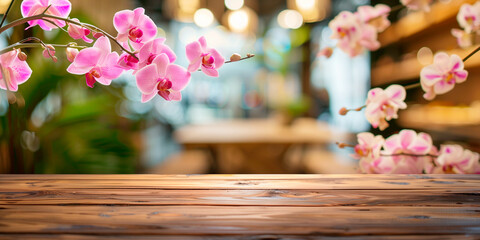 Plakat Empty wooden table in front of abstract blurred orchids flowers light background for product display in a coffee shop, local market or bar