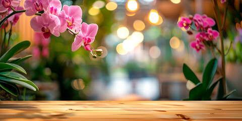 Empty wooden table in front of abstract blurred orchids flowers light background for product display in a coffee shop, local market or bar