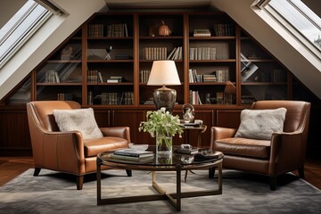 Fototapeta na wymiar Penthouse Suite: Timeless Classic Library, Chic Glass Tables, Leather Armchairs