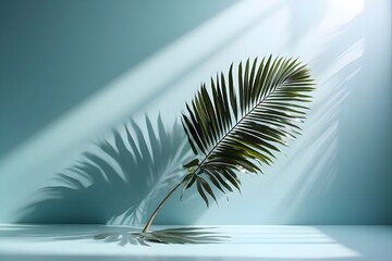 "Palm Leaf Silhouette Against Vibrant Blue Wall: Dramatic Lighting and Shadow Play in Tropical Setting"





