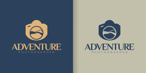 Abstract minimalist photo video camera vector illustration line art logo mountain landscape travel adventure blog.