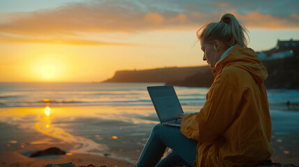 Happy young woman working remotely on a virtual video team meeting call, remote work and flexible culture concept. Businesswoman freelancing by the beach. Inclusive and diverse workplace.