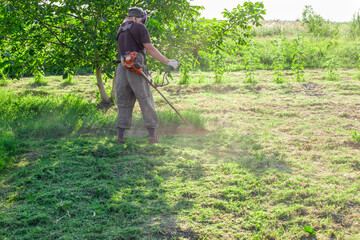 Mowing the grass, maintaining the garden. A man mows grass with a petrol mower in the garden on a summer day