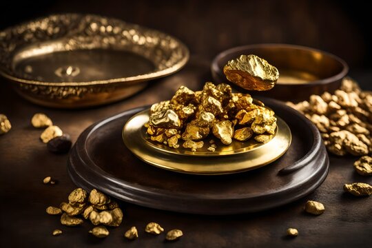 Weighing a gold nugget on a old brass scale dish for trade or exchange. Copy space image. Place for adding text