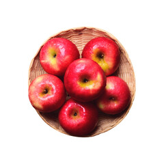 Red apple fruit in bamboo basket, Top view