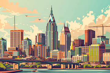 Nashville City Skyline. City in Tennessee. US cityscape. Modern skyscrapers in a flat vector style.