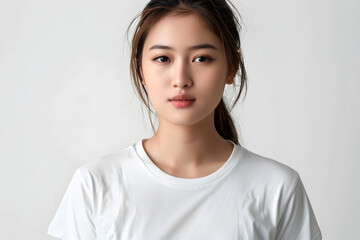 Young beautiful brunette asian woman model in white T-shirt posing on light grey background