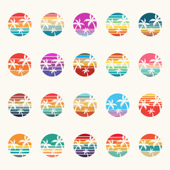 Sunset circle palm tree. Round ombre sunrise, striped gradient, vintage colors. Background, vector illustration. Tropical vibes, sea, ocean, beach, bayshore landscape. Summer morning, evening scene © Alena