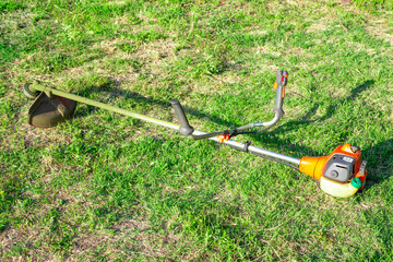 petrol mower with fishing line on the grass in the garden on a summer day. Mowing the grass, maintaining the garden