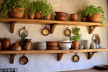 Dutch Oven Delights: Rustic Mediterranean Kitchen Ideas with Twig Decor on Floating Shelves