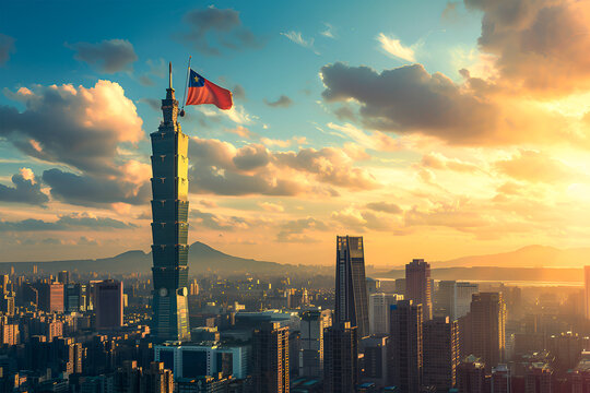 Taiwan flag waving due to wind. Taipei city in the background. Taipei is the capital city of Taiwan. Beautiful scene. Country flags concept. City skyline.	
