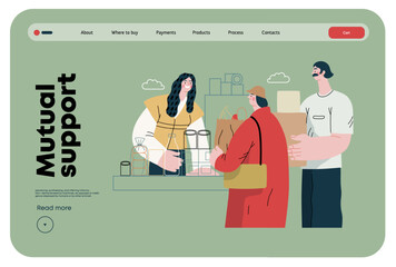 Naklejka na ściany i meble Mutual Support: Bringing groceries to food bank -modern flat vector concept illustration of people donating food to food pantry A metaphor of voluntary, collaborative exchanges of resource, services