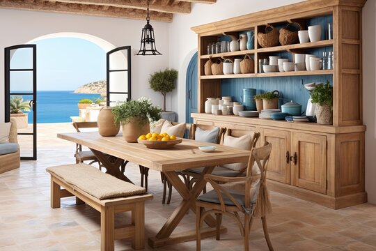 Coastal-Inspired Rustic Mediterranean Kitchen: Solid Wood Tables and Wall Decor Ideas