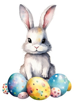 Watercolor illustration of a brown rabbit with long ears surrounded by colorful Easter eggs with a splash of colors in the transparent background. Ideal for Easter greeting cards.