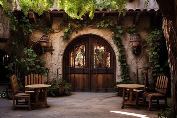 Fototapeta na wymiar Rustic Wooden Doors: Intimate Spanish Courtyard Seating Areas