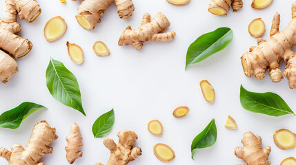 Fresh ginger root sliced with leaves to prevent Covid - obrazy, fototapety, plakaty