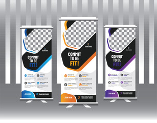Creative and Modern gradient color Fitness gym standee rollup vector template design
