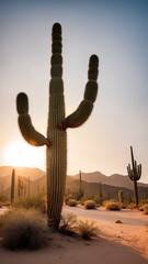 Large prickly cactus close up in the desert at sunset