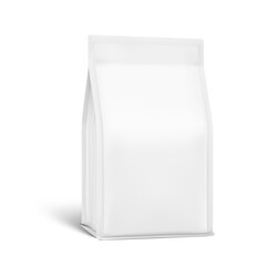 Realistic gusset bag isolated on white background for sport nutrition. Half side view. Vector illustration. Can be use for template your design, presentation, promo, ad. EPS 10.