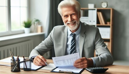 Obraz premium Portrait of an old businessman working with documents and an invoice while seated at a desk in the office and grinning at the camera