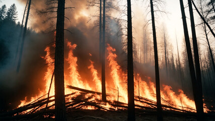 Forest fire. Burning dry grass and trees in the forest. Nature disaster