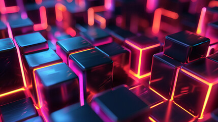 abstract background neon glowing lights and black cubes , futuristic technology wallpaper, digital cyber tech backdrop