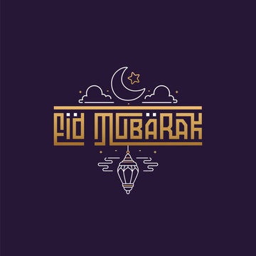 Eid mubarak greeting card with lettering typography style with addition outline doodle crescent and lantern illustration 