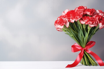A bouquet of Carnation wrapped in white paper with red ribbon bow on grey background, space for text on right, gift card for women's day