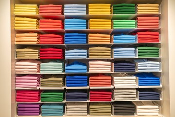 Multi coloured polo shirts on eight shelves stacked in a store. A collection of polo shirts and sweaters in all colors inside a wardrobe. Selection of colourful shirts forming a rainbow of colors 