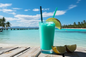 Obraz premium Refreshing tropical beverage in glass against beautiful sea backdrop during relaxing beach vacation.